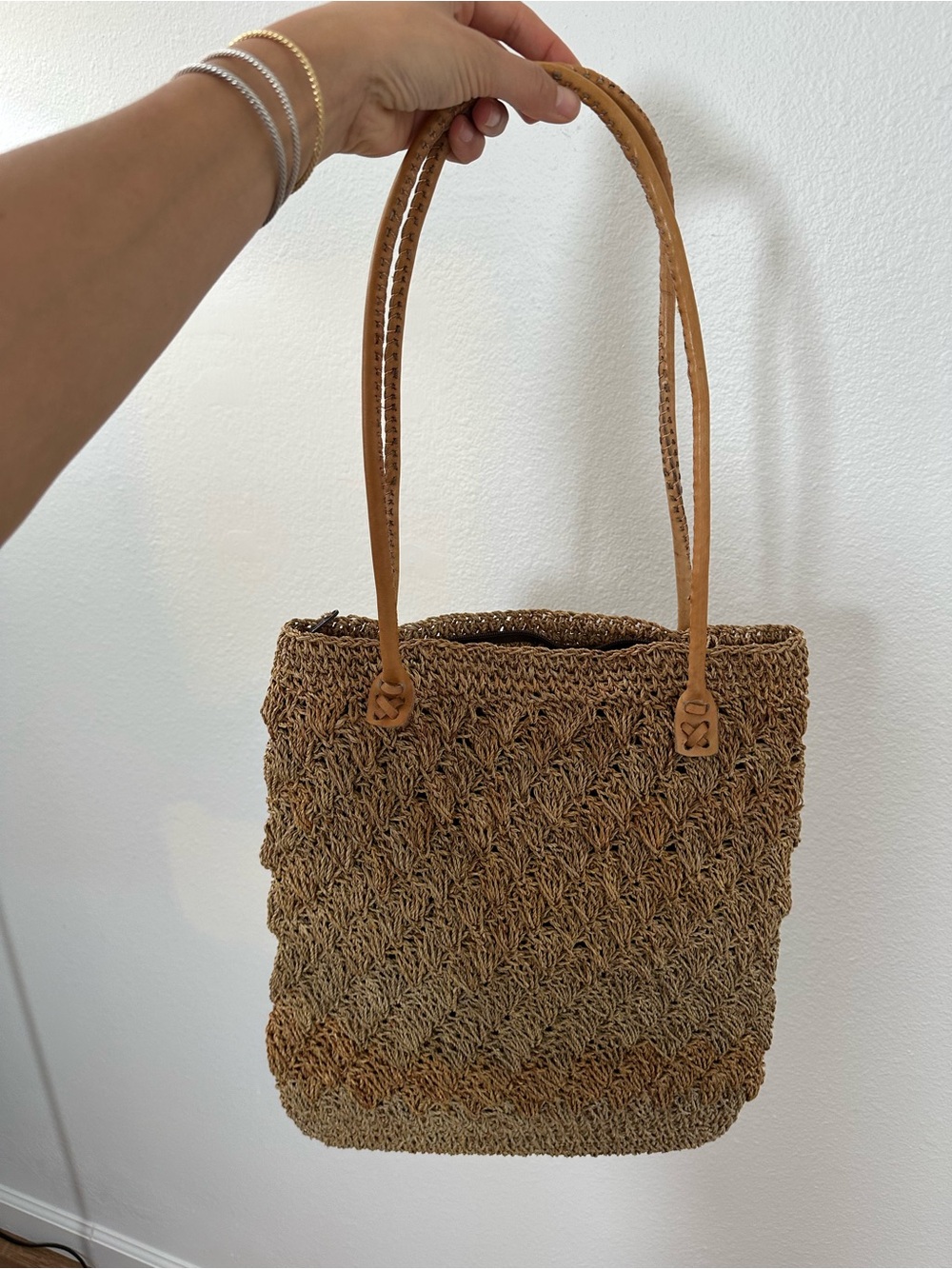Brown Beige Woven Straw Handmade Tote Bag with Flower Accent & Leather Strap - Picture 10 of 14